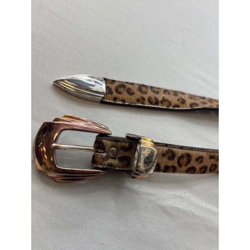 Belts by Simon Leopard Print Calf Hair Western Belt Rose Gold Silver Hardware